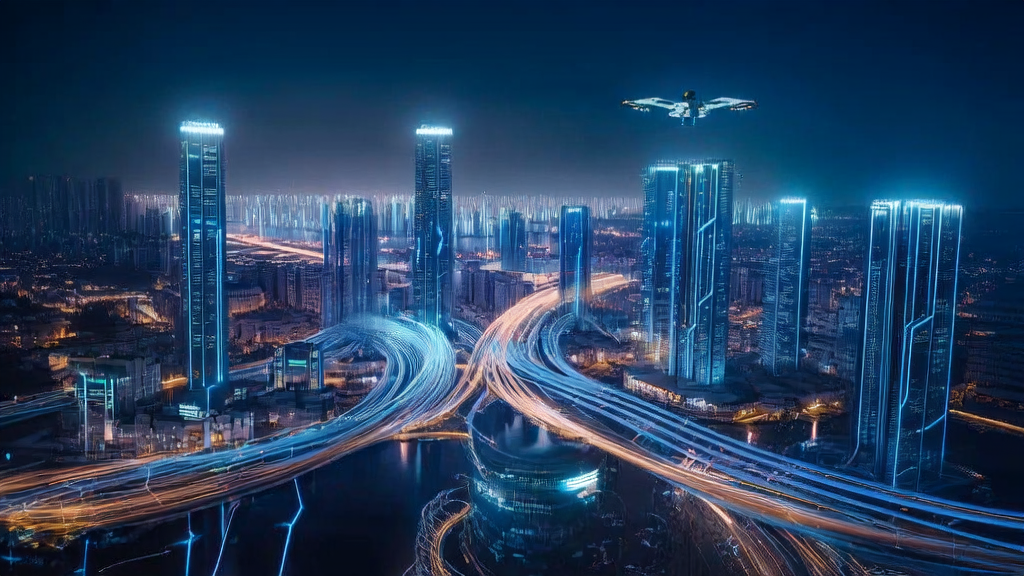 Night scene of a futuristic city with a data center and drones, showcasing the application of AI intelligent acquisition systems