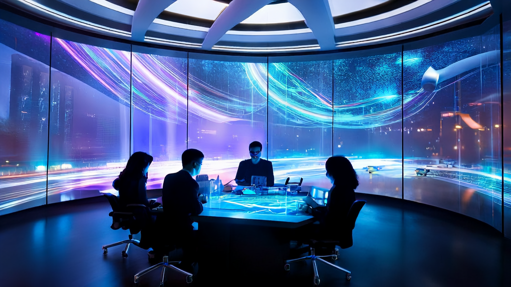 In a high-tech office of a future city, entrepreneurs are discussing the AI intelligent acquisition system