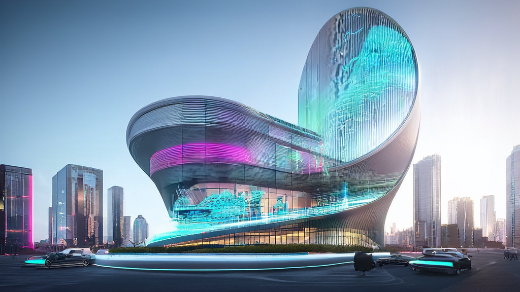 Inside a high-tech skyscraper in a futuristic city, the AI intelligent acquisition system is operating efficiently, showcasing its innovative applications and market potential.