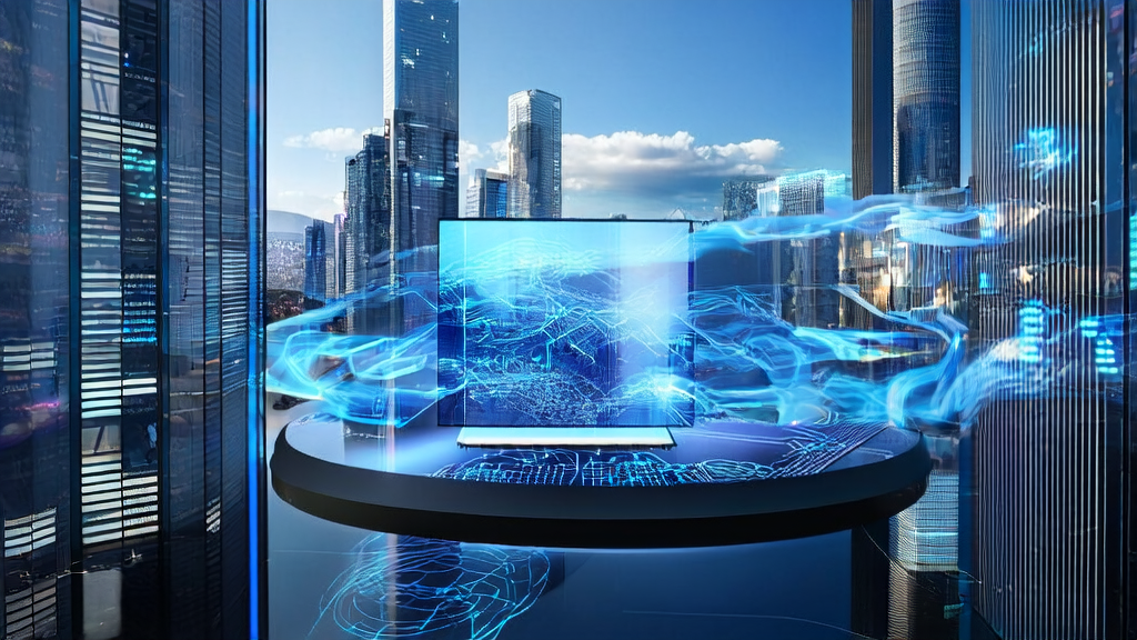 The AI Intelligent Acquisition System control center in a futuristic city, showcasing advanced data analysis and OpenAI's ChatGPT with built-in messaging feature testing