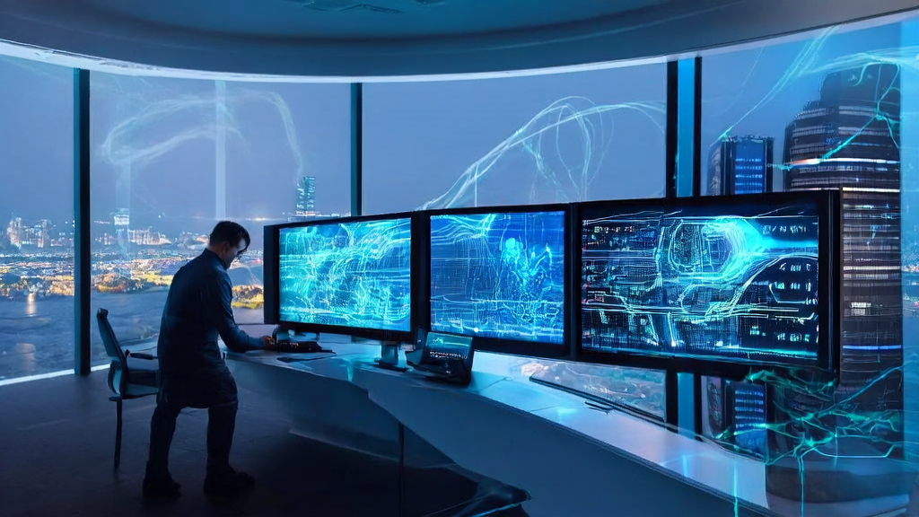 Engineer using Volcano Engine's “Chimera“ platform to generate customized marketing emails in a futuristic tech office
