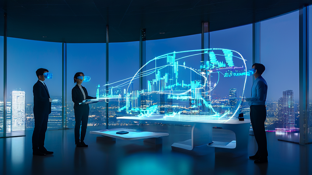 Two young entrepreneurs in a futuristic office using AI intelligent acquisition system and Infinite Memory AI glasses to adjust marketing strategies in real-time