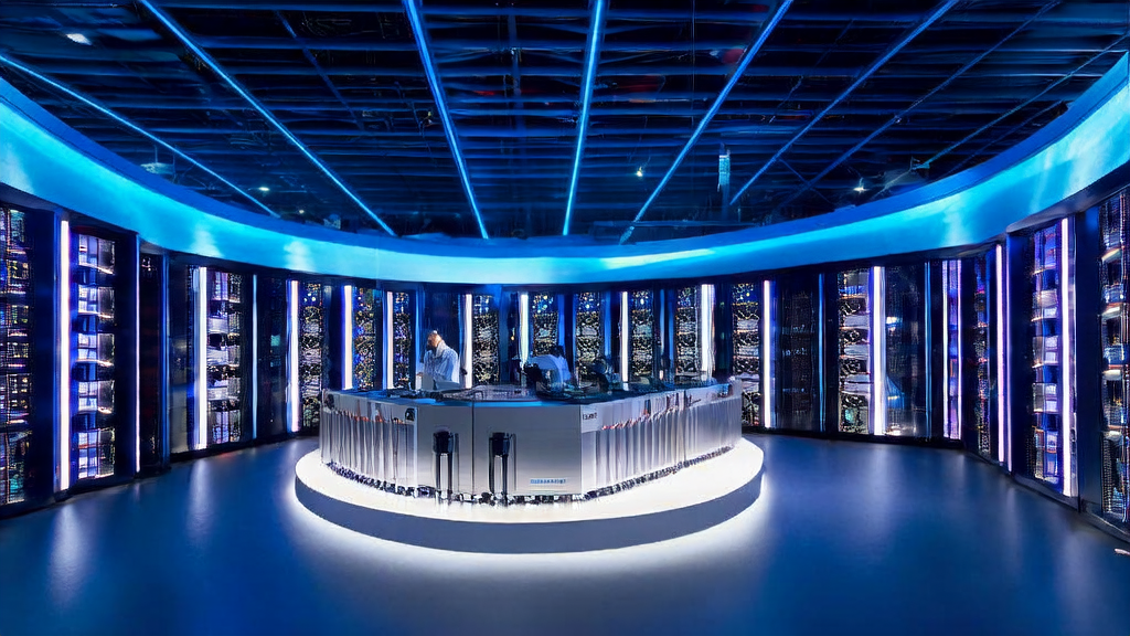 未来科技数据中⼼中的AI智能获客系统，展示⾼效⽹络和AI技术的融合