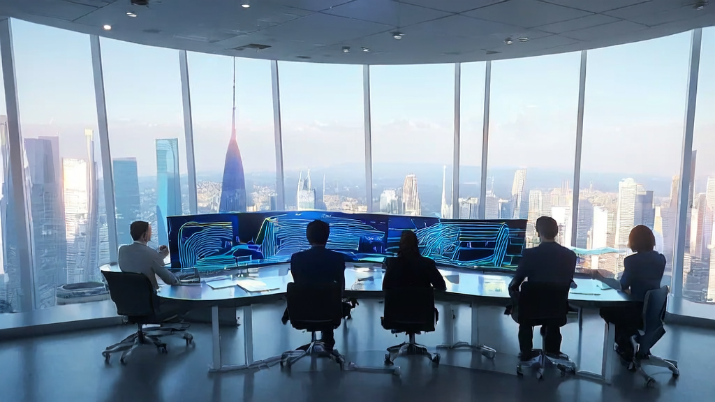 未来城市的高科技办公室中，员工们正利用AI智能获客系统进行千人千面的邮件营销策略讨论