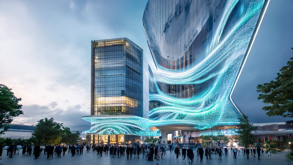 未来城市中展示小鹏物理AI和ChatGPT应用生态的现代化办公大楼