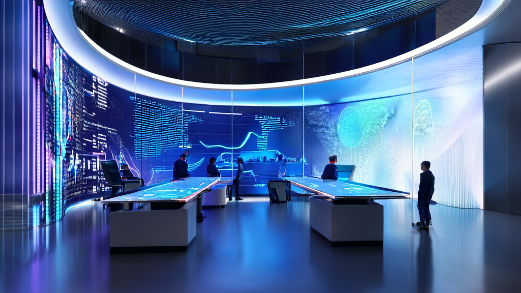 A futuristic office showcasing real-time data streams and customer analytics from an AI intelligent acquisition system