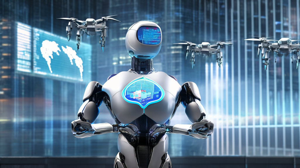 未来城市的现代化办公楼前，AI机器人与商务人士互动，展示AI智能获客系统的强大功能