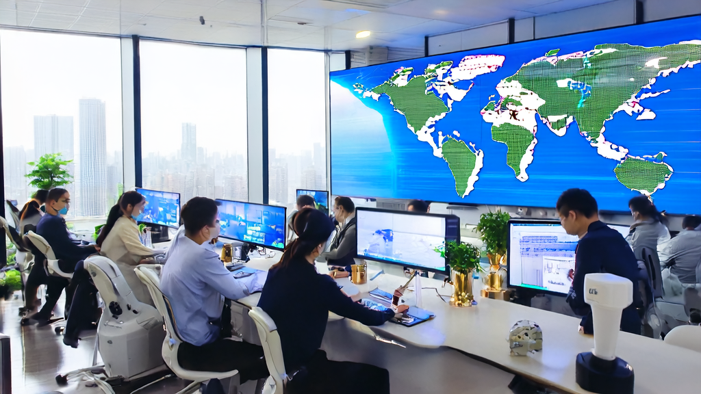 Employees in a modern office using AI intelligent acquisition system for data analysis and customer management, with a world map and smart robot in the background