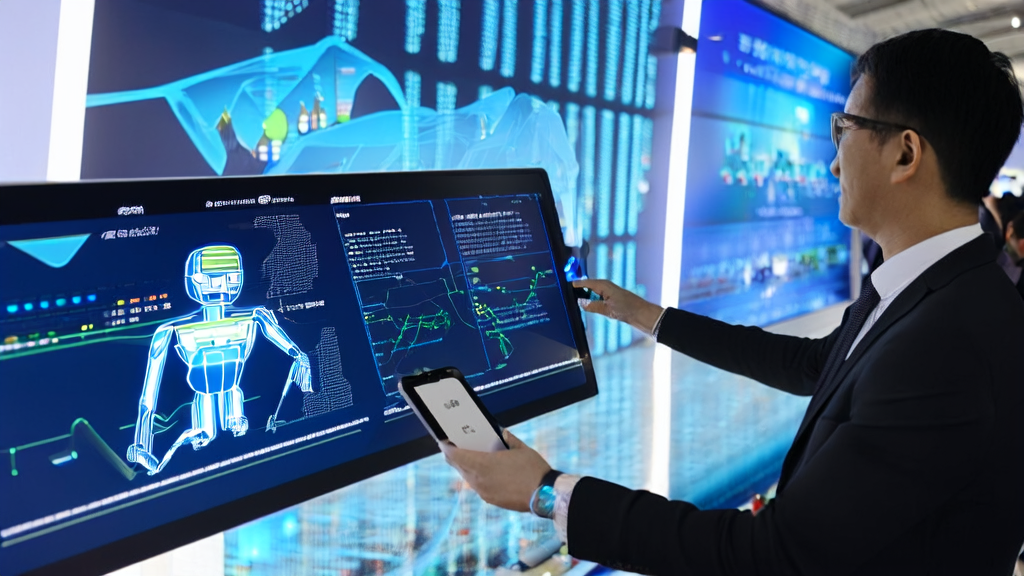 Business leader at a trade expo using AI intelligent acquisition system for customer data analysis and precise marketing