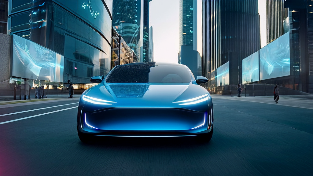 未来城市中行驶的小鹏G7 Ultra自动驾驶汽车，展示AI智能获客系统的应用