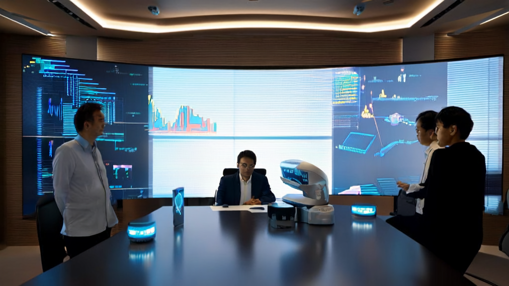 Employees in a modern office using AI intelligent acquisition system for data analysis and discussion