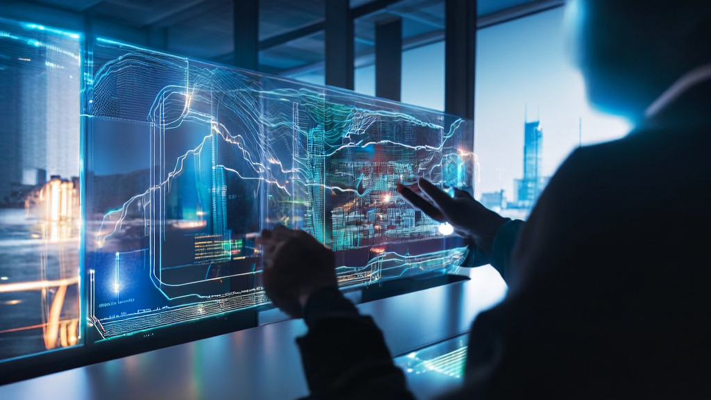 In a modern office building in a futuristic city, a decision-maker of an export company interacts with the AI intelligent acquisition system through a transparent screen, with a busy city skyline in the background.