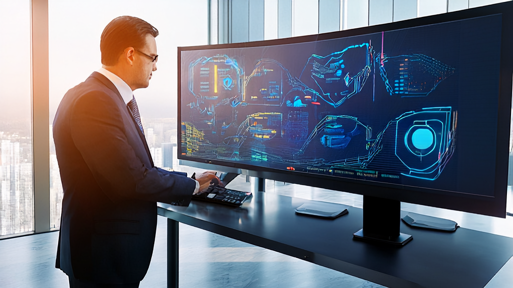 Business professional using AI intelligent acquisition system to screen high-quality clients in a tech-filled office bathed in sunlight