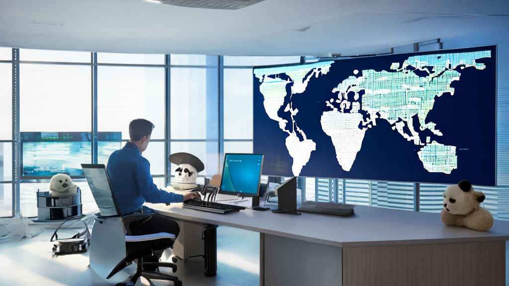 In a modern office bathed in sunlight, a programmer is using an AI intelligent acquisition system for precise customer discovery, with a cute felt panda nearby.