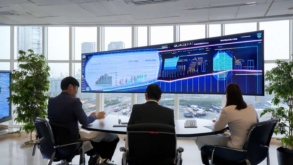 A team analyzing customer data using AI intelligent acquisition system in the new energy industry