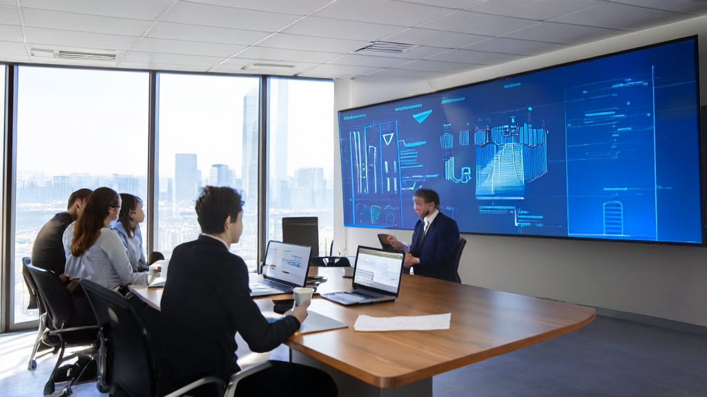 Employees in a modern office discussing AI intelligent acquisition system and Claude's application in Slack