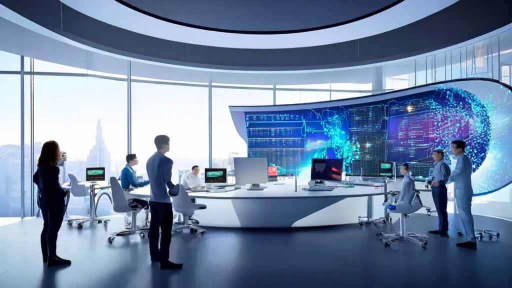 Engineers in a futuristic office using an AI intelligent acquisition system for customer acquisition, showcasing the breakthrough of GPT-5 Pro in mathematical proofs.