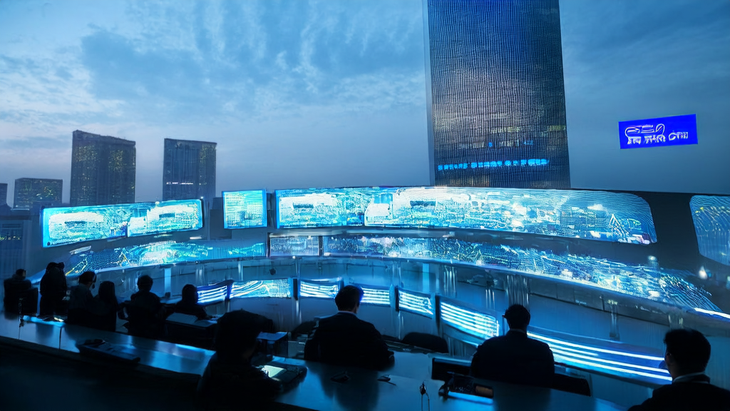 Control center of AI intelligent acquisition system in a futuristic city, showcasing big data analysis and personalized marketing solutions