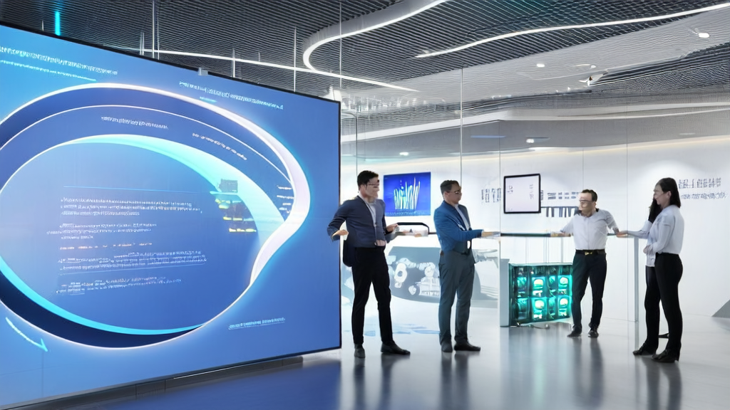 展示AI智能获客系统在现代化办公室中的应用，突出其数据分析和自动化功能