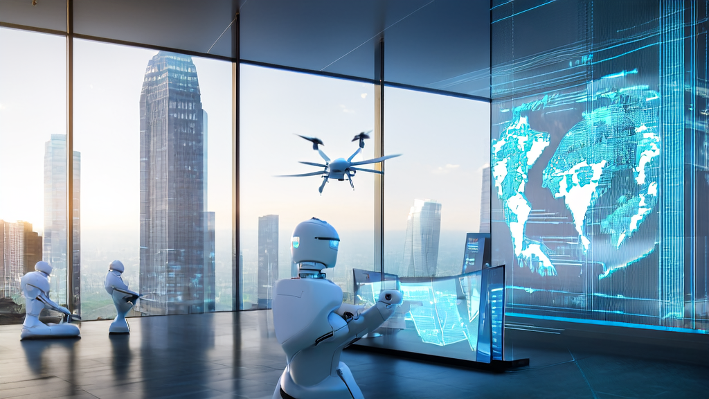In a futuristic city office building, an intelligent robot uses AI predictive models to screen high-quality customers, showcasing the innovative application and impact of the AI intelligent acquisition system on enterprise marketing.