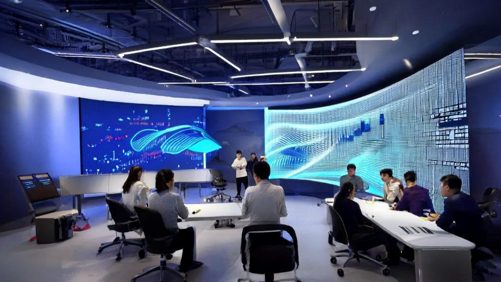 现代化电商办公室展示AI智能获客系统的工作场景，包括数据分析、客户行为分析和智能设备演示。