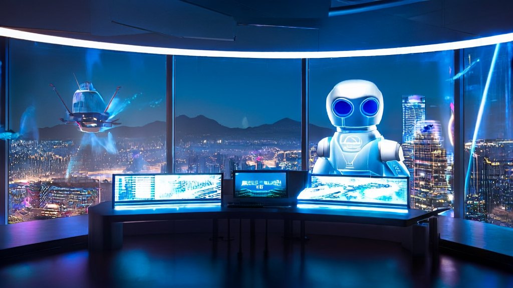Futuristic office showcasing AI intelligent acquisition system and Zhiyuan Robot GO-1 model