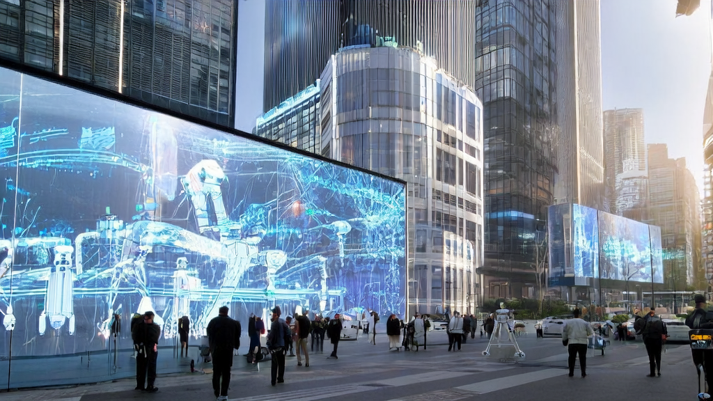 Smart robots and interactive screens in a futuristic city showcasing the applications of AI intelligent acquisition systems