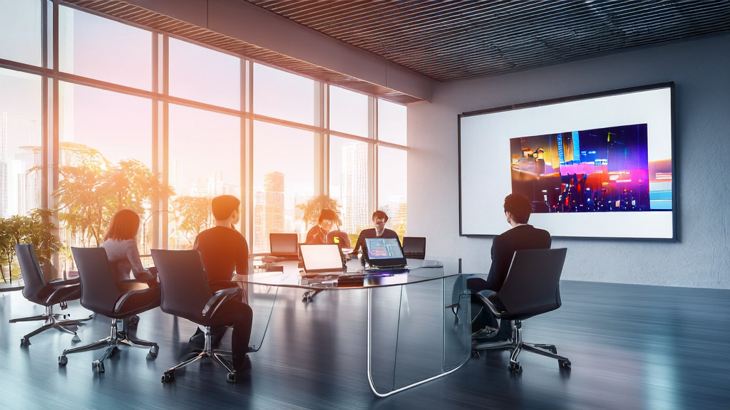 Modern office showcasing the AI intelligent acquisition system and Komiko-generated anime videos