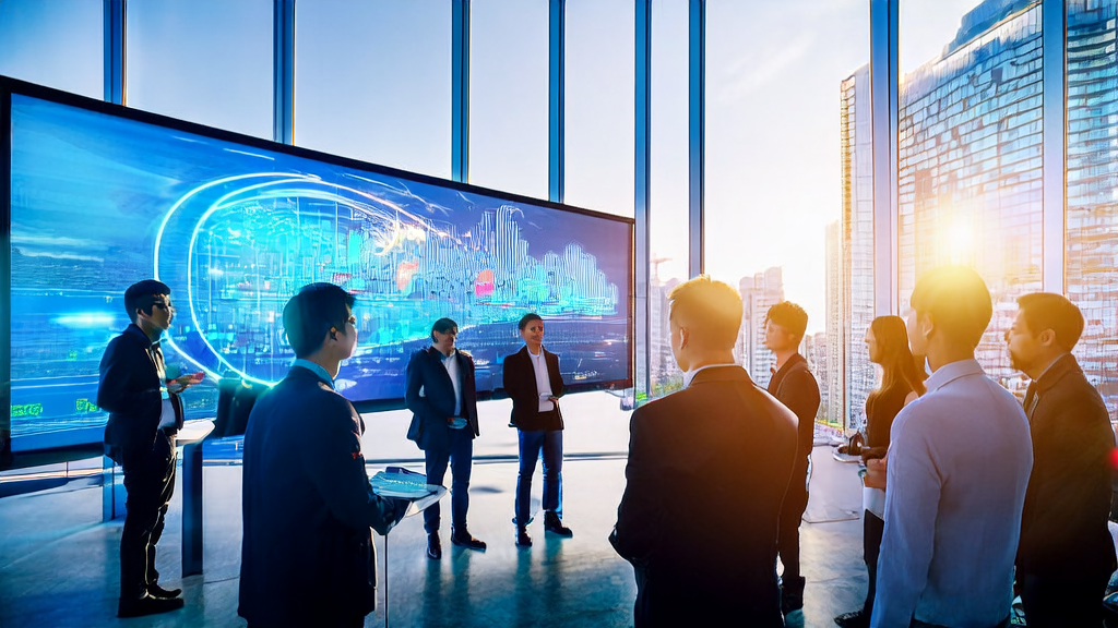 A modern office building under the sunshine, entrepreneurs discussing AI intelligent acquisition system, with a bustling cityscape in the background