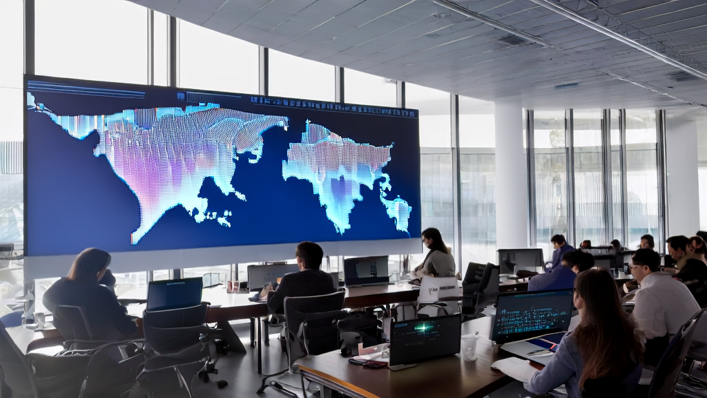 Employees in a modern office using AI intelligent acquisition system and Slack for efficient collaboration