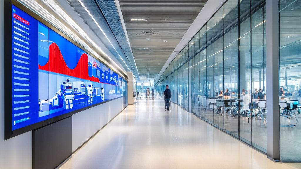 AI Intelligent Acquisition System leading a new chapter in marketing automation, showcasing smart robots and data analysis charts in a high-rise building