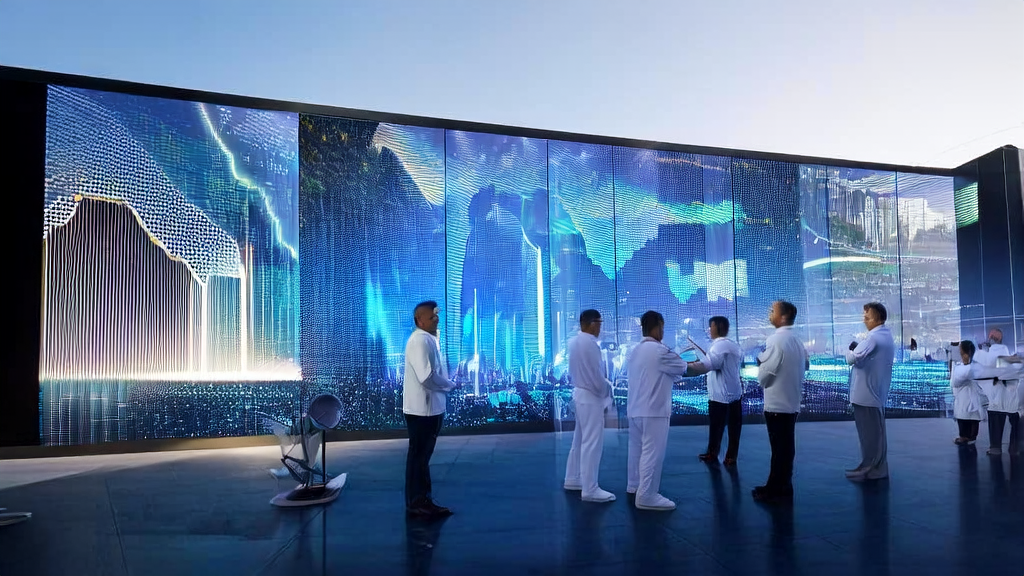 A futuristic new energy exhibition center where technicians are discussing the workings and market strategies of the AI intelligent acquisition system