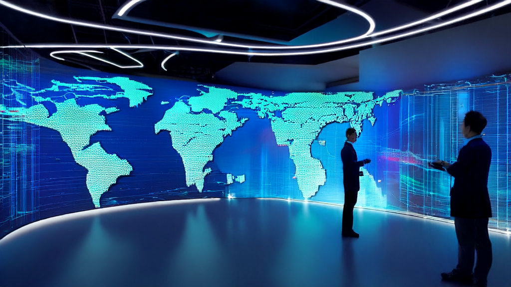 An AI intelligent acquisition system operates in a high-tech office, showcasing real-time data analysis and global market dynamics for cross-border e-commerce.