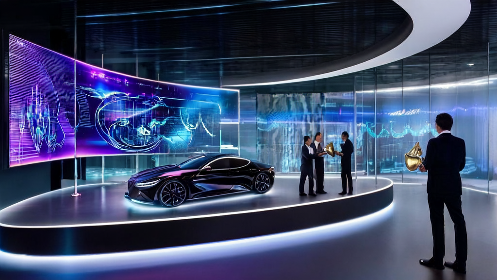 Employees in a modern office using AI intelligent acquisition system for data analysis, with an ideal car's AI safety certification trophy on display.