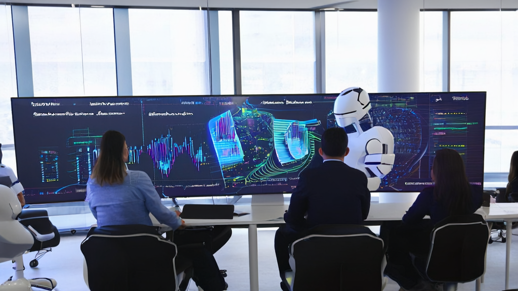 现代化办公室内的员工们正在使用AI智能获客系统进行数据分析和客户定位