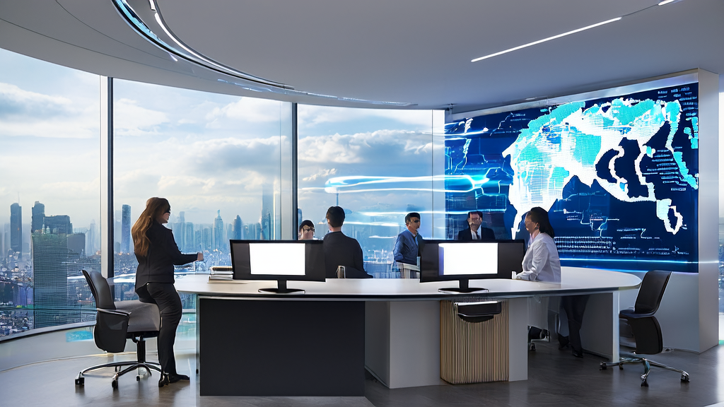 Modern office employees using AI intelligent acquisition system to analyze global potential customer data