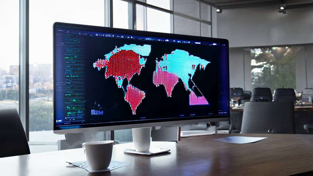 现代化办公室中的AI智能获客系统界面，展示全球市场客户分布