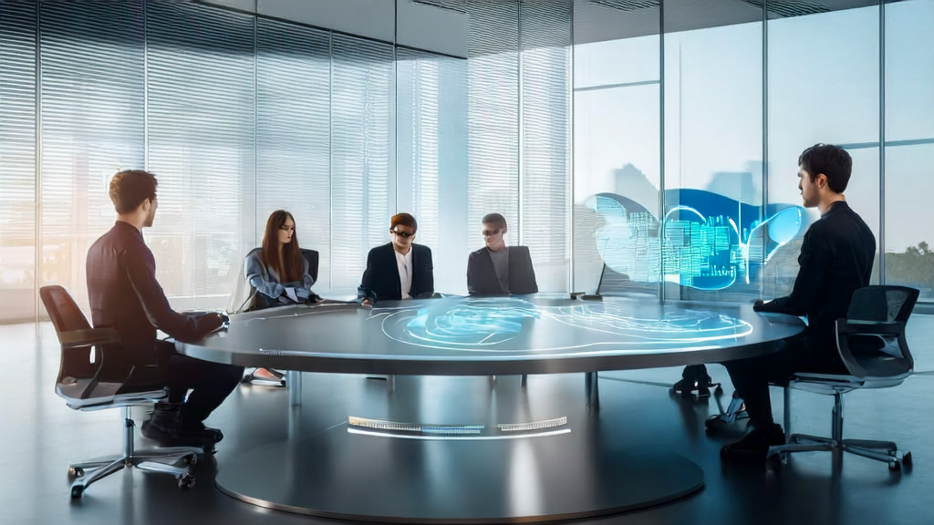 Modern office with a team discussing AI intelligent acquisition system, Apple logo on the wall