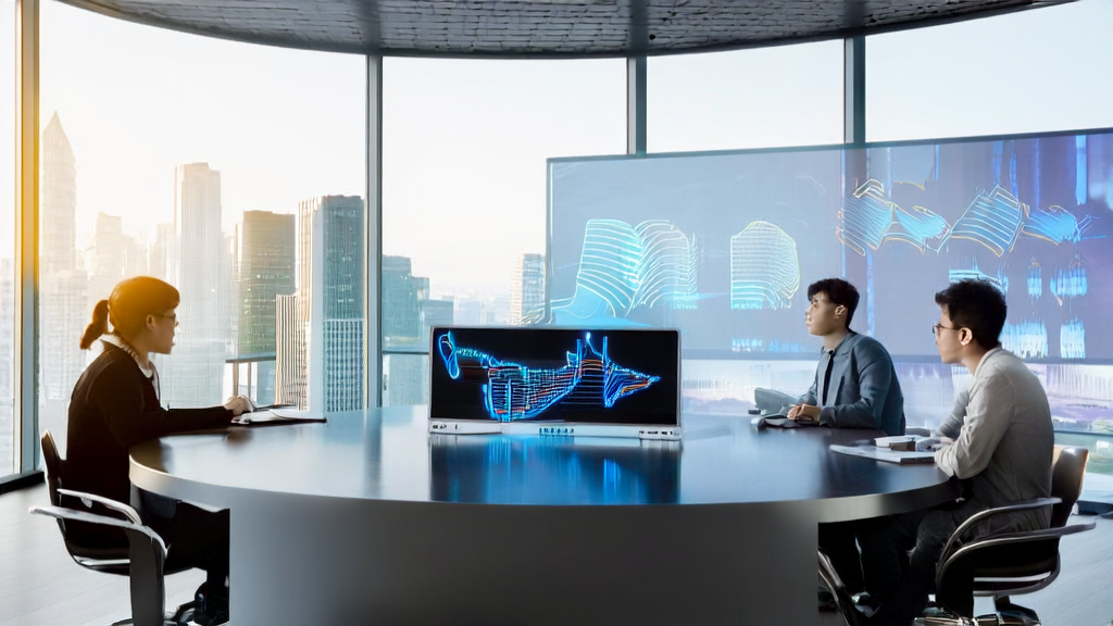 现代化办公室内的团队正在讨论AI智能获客系统，并展示阿里夸克的AI教育普惠行动