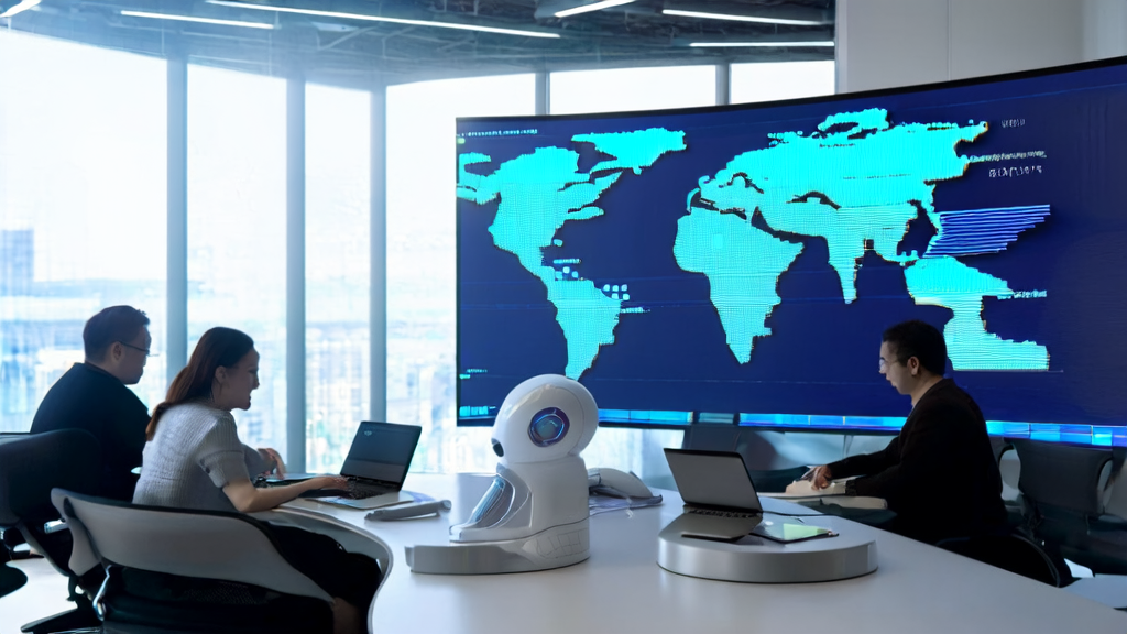 Modern office employees using AI intelligent acquisition system for market analysis and customer outreach
