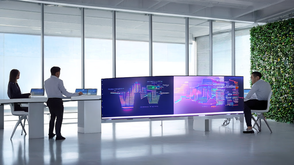 Modern office scene with employees using AI intelligent acquisition system, showcasing the latest GPT-5 Pro API release information.