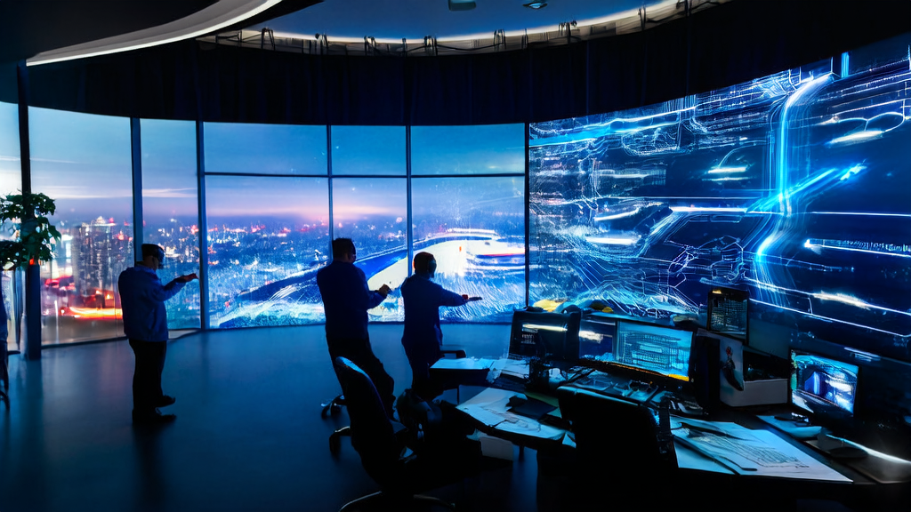 AI智能获客系统在办公室中运行，工程师们正在优化跨境电商邮件营销策略，提升客户回复率。