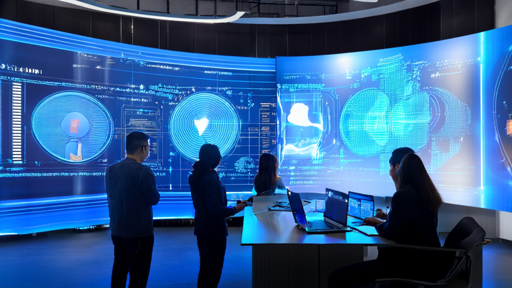 AI intelligent acquisition system in a modern office, monitoring market dynamics and customer information in real-time