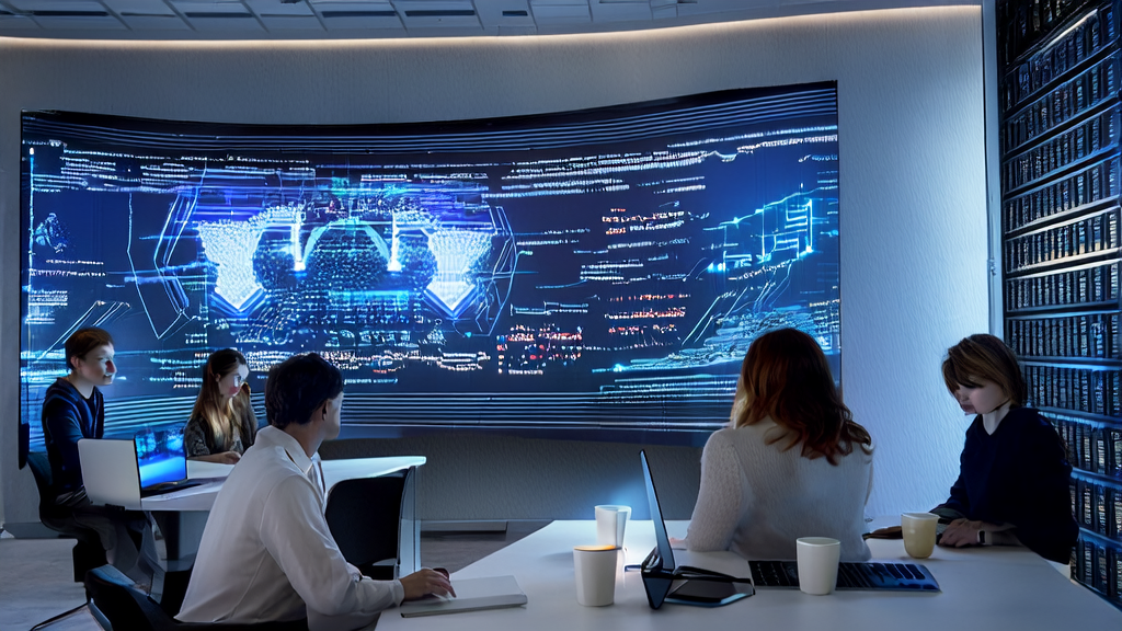 An office scene showcasing the working environment of an AI intelligent acquisition system and the cover of Mary Meeker's AI report