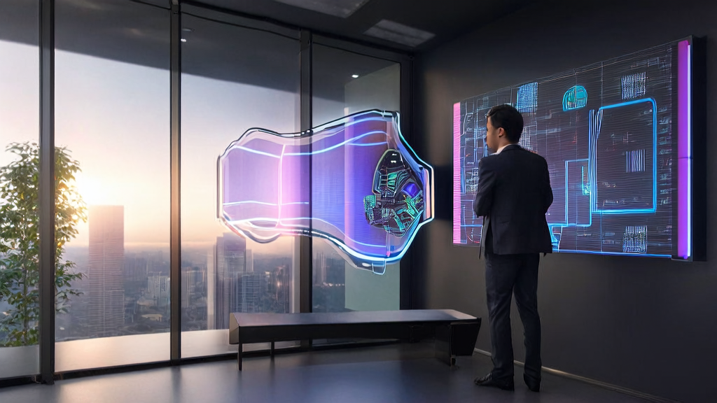 一位创业者在现代化办公室中使用AI智能获客系统，背景墙上展示着基于AI的高转化邮件策略流程图，桌面上放置着带有模量科技多模态触觉传感器的机器人模型。