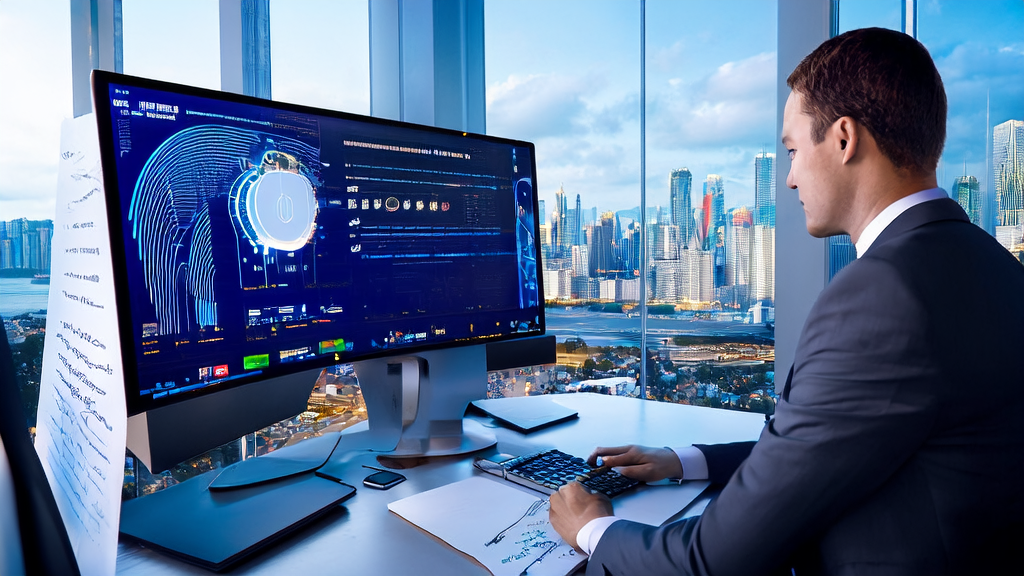 Young business professional using Tencent Hunyuan-A13B API for AI intelligent customer acquisition analysis in a modern office