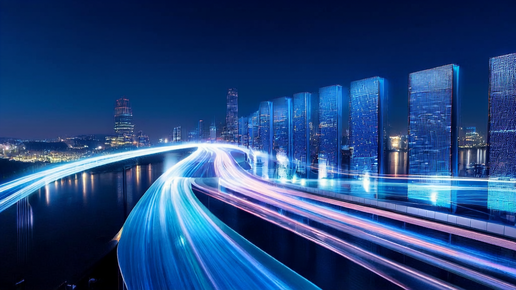 Modern data center in a futuristic city, powered by Cisco's new router to transform cross-border e-commerce with AI intelligent acquisition system