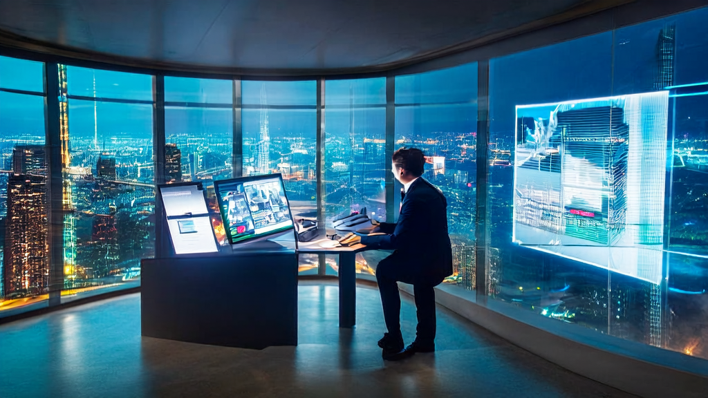 A marketing expert using AI-powered customer acquisition system for personalized email marketing in a futuristic office