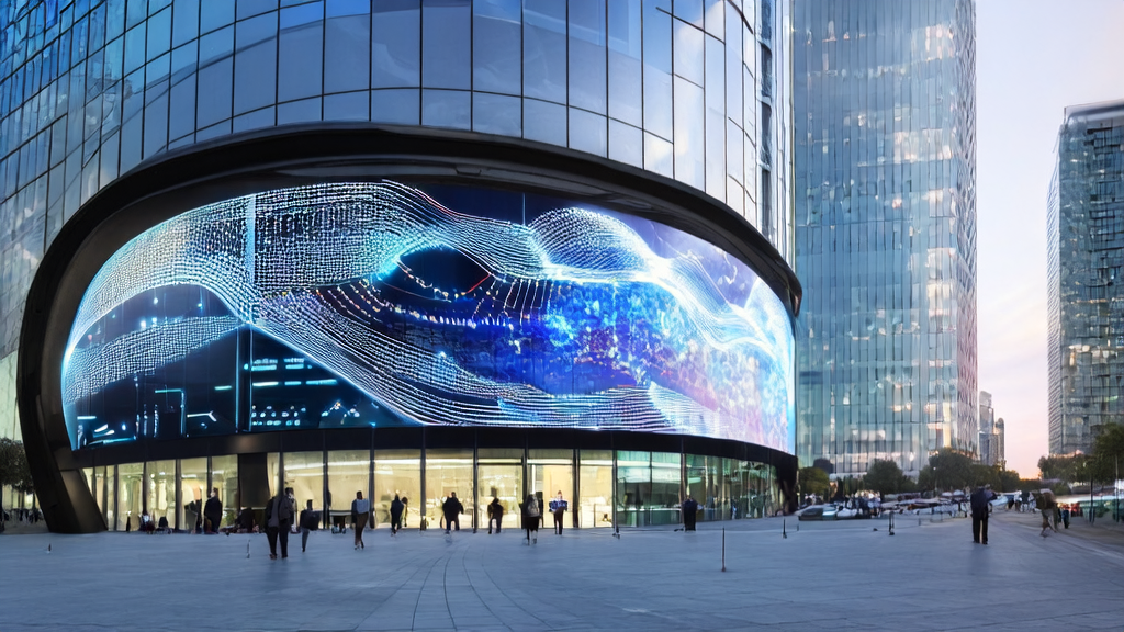 AI智能获客系统在现代化办公大楼前展示其强大的数据分析能力，帮助B2B企业实现高效获客。