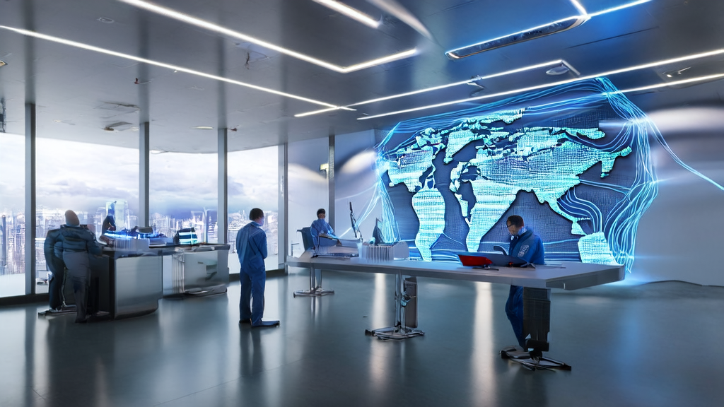 AI intelligent acquisition system transforming the export industry, showcasing a modern office environment with a tech team and global business coverage map.